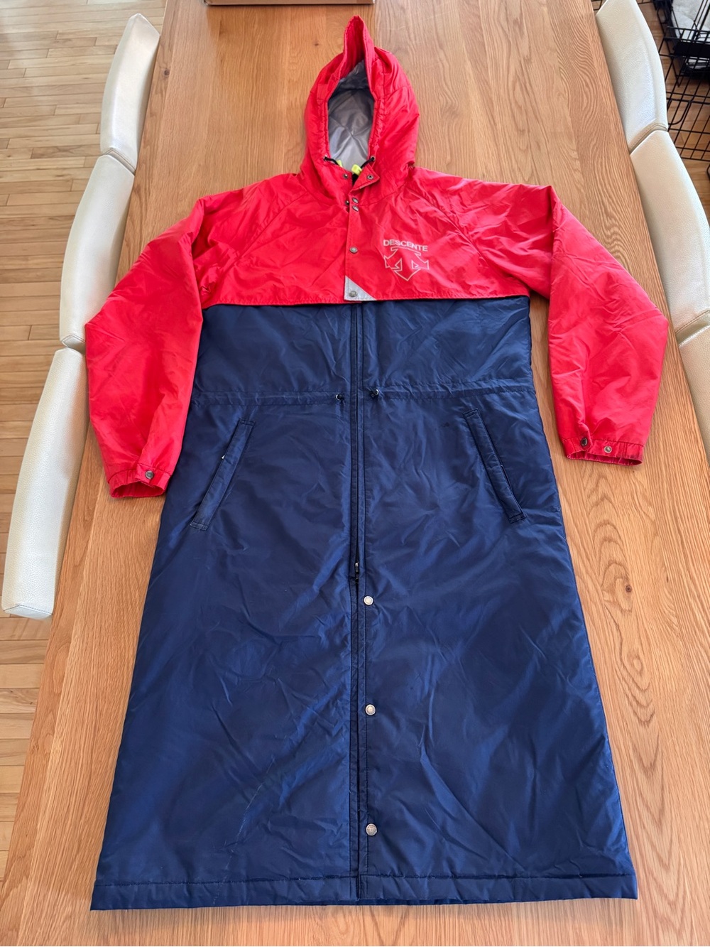 Vintage Descente Red and Navy Hooded Long Down Jacket Japan